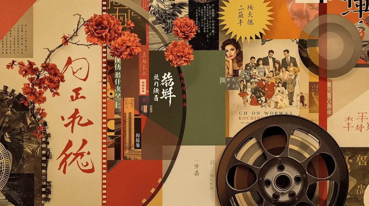 美女洗澡 怀旧电影胶片与经典海报的艺术拼贴背景